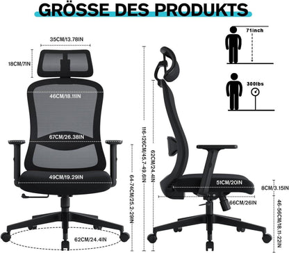 Ergonomischer Bürostuhl mit verstellbaren 2D Kopfstützen, Schwarz