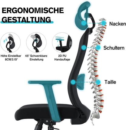Ergonomischer Bürostuhl mit 2D Kopfstütze und Armlehnen, Schwarz