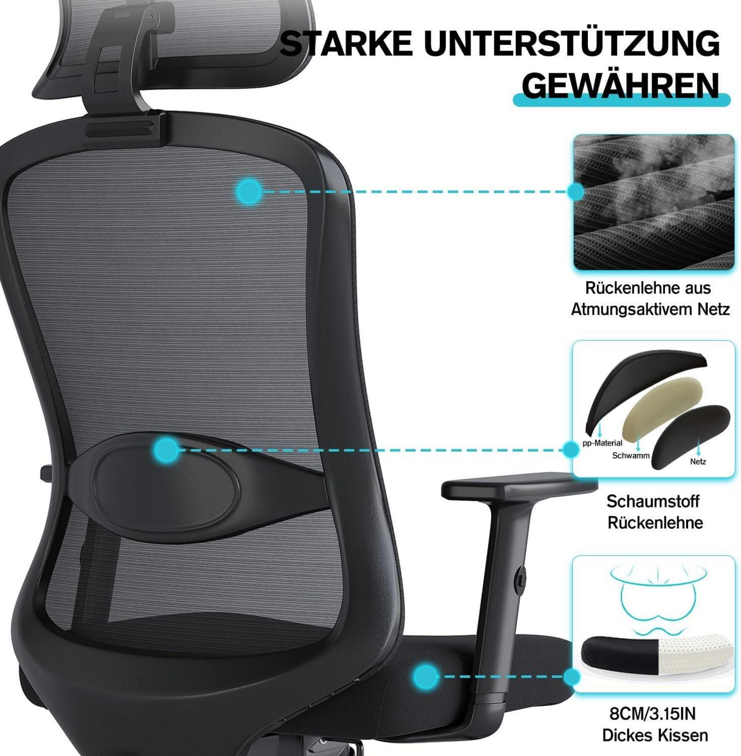 Ergonomischer Bürostuhl mit 2D Kopfstütze, Armlehnen und Lendenkissen