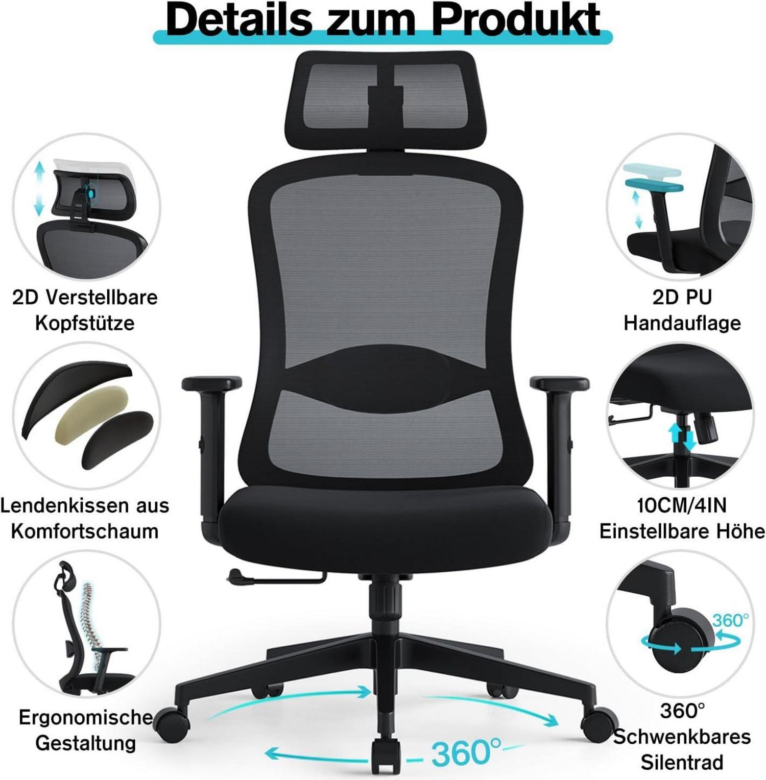 Ergonomischer Bürostuhl mit verstellbaren Kopfstützen und Armlehnen - Schwarz