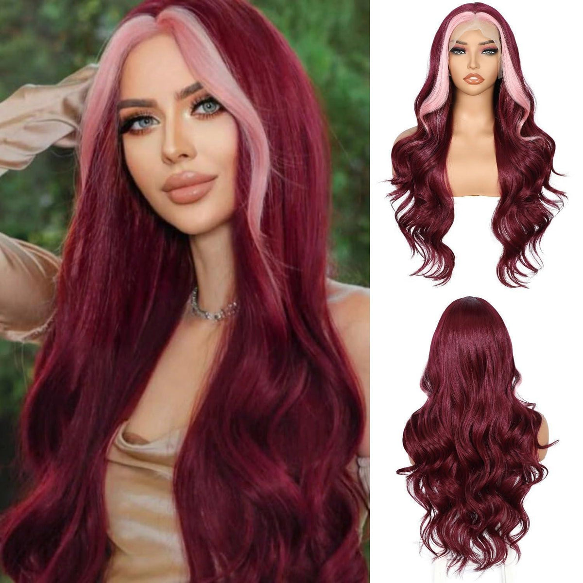 Burgunder Körperwelle Spitze Front Perücke mit Pink Highlights 26 Zoll