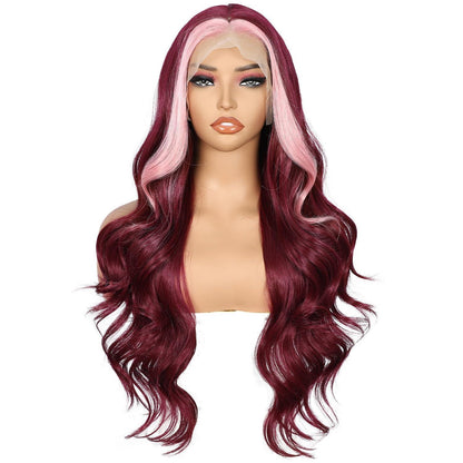 Burgunder Körperwelle Spitze Front Perücke mit Pink Highlights 26 Zoll