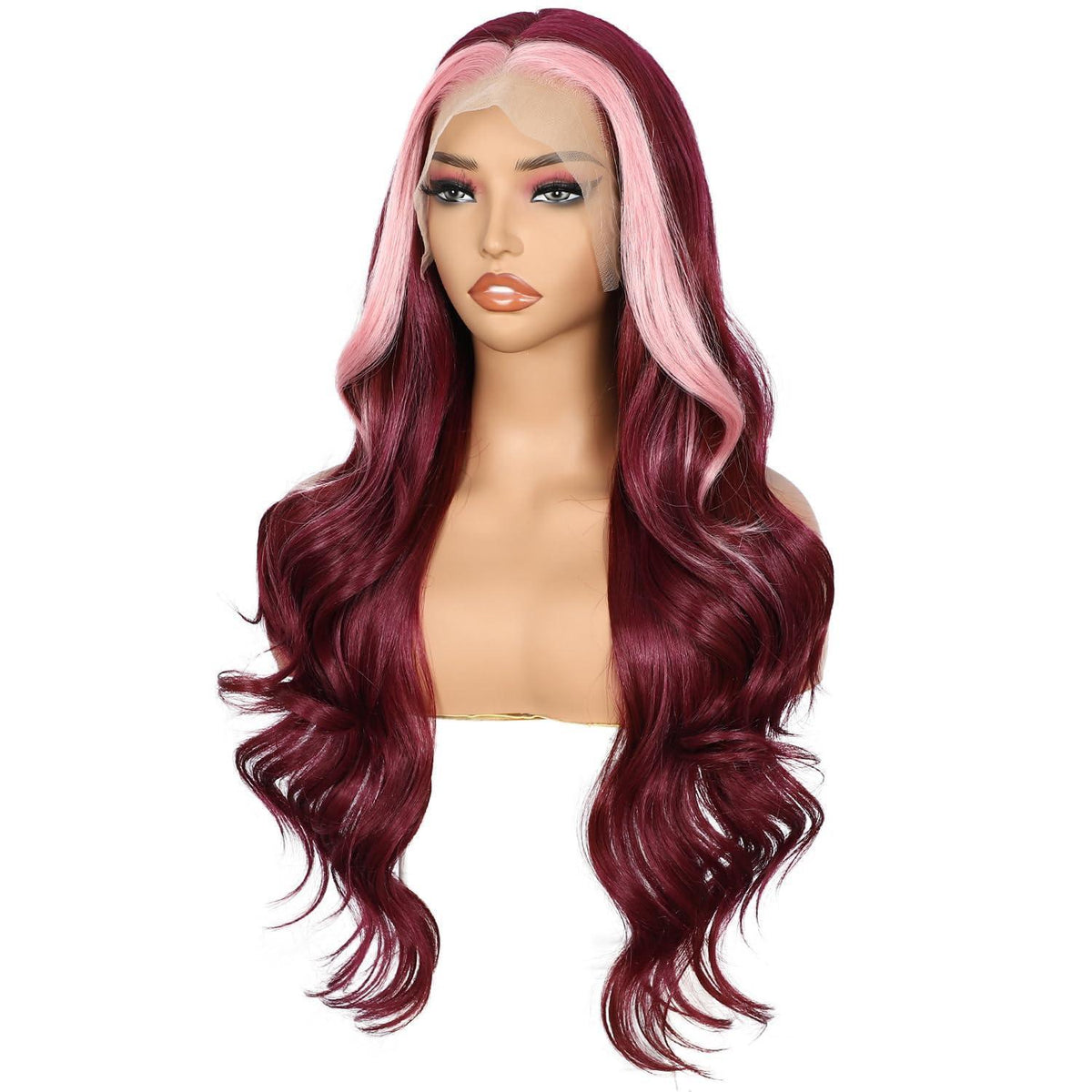 Burgunder Körperwelle Spitze Front Perücke mit Pink Highlights 26 Zoll