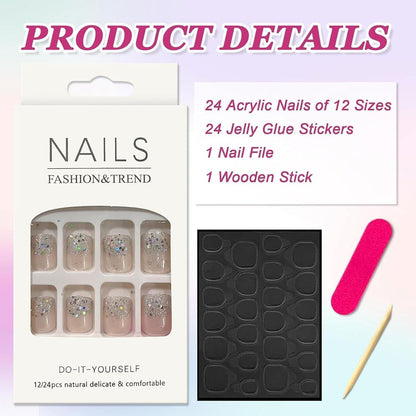 Rosa Glitzer Press On Nails - 24 Stück French Design