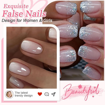 Kurze Eckige French Press on Nails Rosa Weiß Farbverlauf