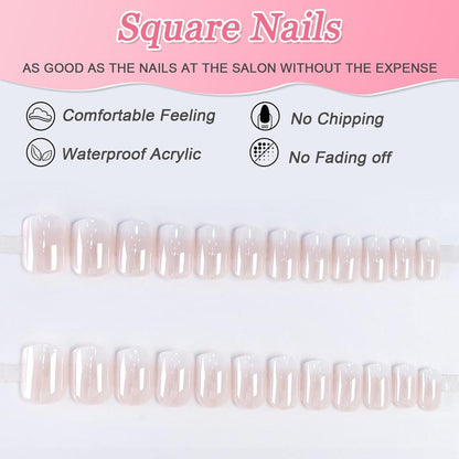 Kurze Eckige French Press on Nails Rosa Weiß Farbverlauf