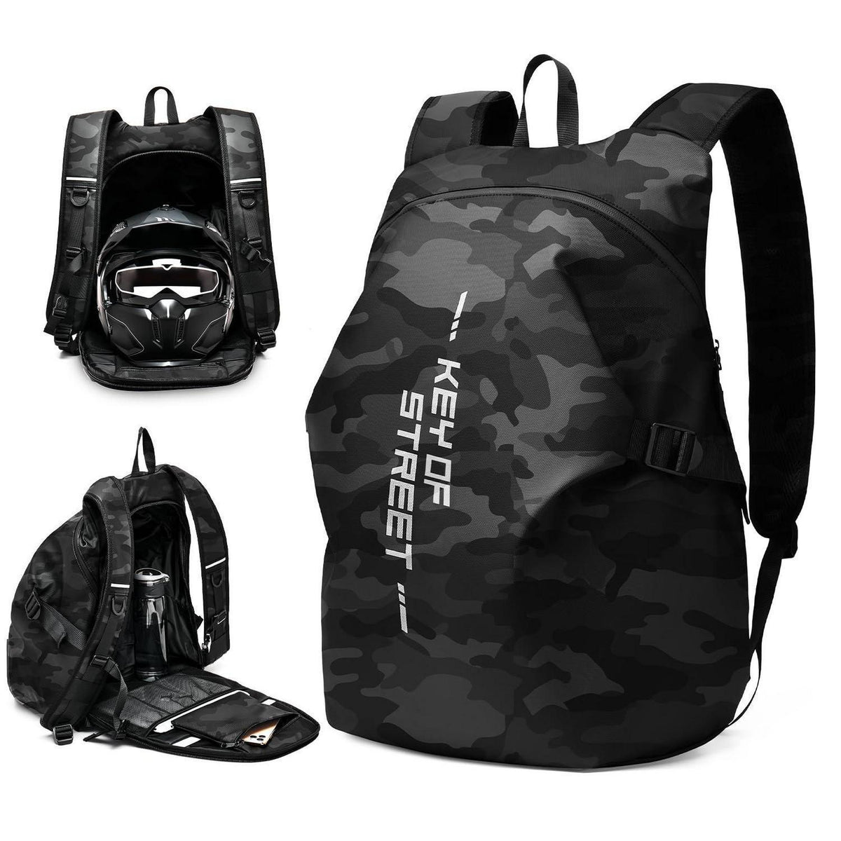 Motorrad Rucksack Wasserdicht mit Helmhalterung – Schwarz Camo L