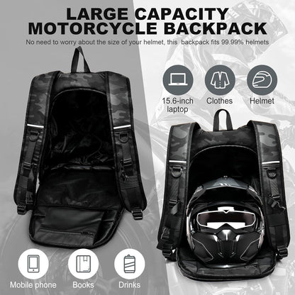 Motorrad Rucksack Wasserdicht mit Helmhalterung – Schwarz Camo L