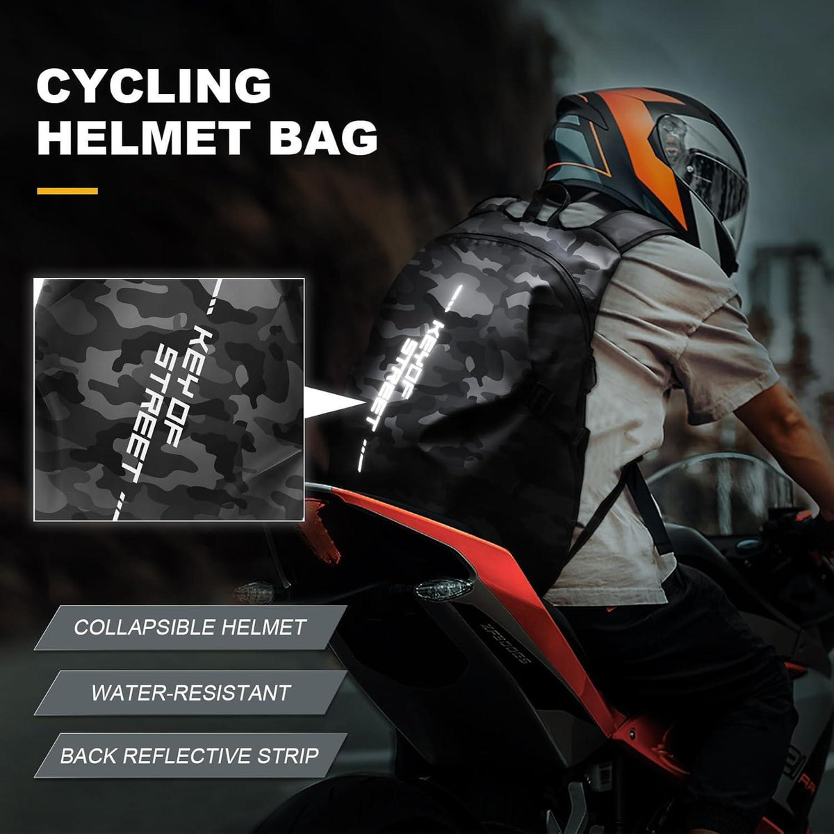 Motorrad Rucksack Wasserdicht mit Helmhalterung – Schwarz Camo L
