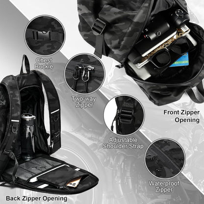 Motorrad Rucksack Wasserdicht mit Helmhalterung – Schwarz Camo L