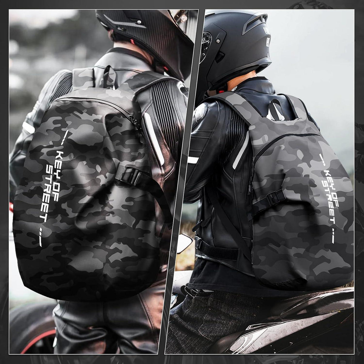 Motorrad Rucksack Wasserdicht mit Helmhalterung – Schwarz Camo L