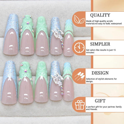 24er Set Long 3D Sargform Nägel mit Schmetterlingen und Blumen, Acrylnägel, Glänzend, Handgemachte Fake Nails