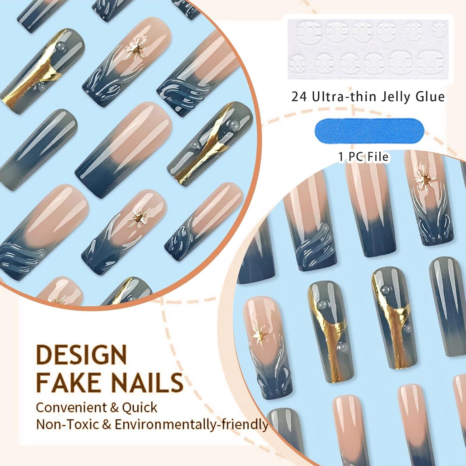 Quadratische Blaue Falsche Nägel French Tip 24 Stück ABS Material