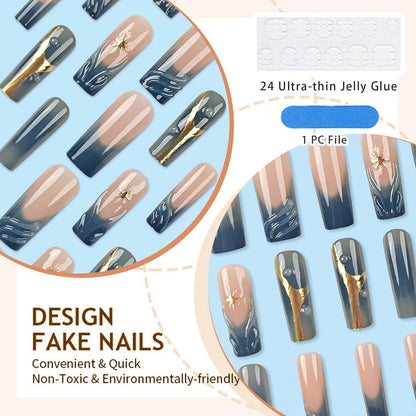 Quadratische Blaue Falsche Nägel French Tip 24 Stück ABS Material