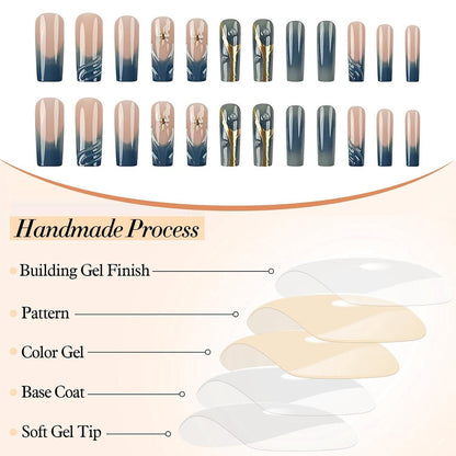 Blau Quadratische Falsche Nägel 24 Stück French Tip Y2k Acrylnägel Goldstern ABS