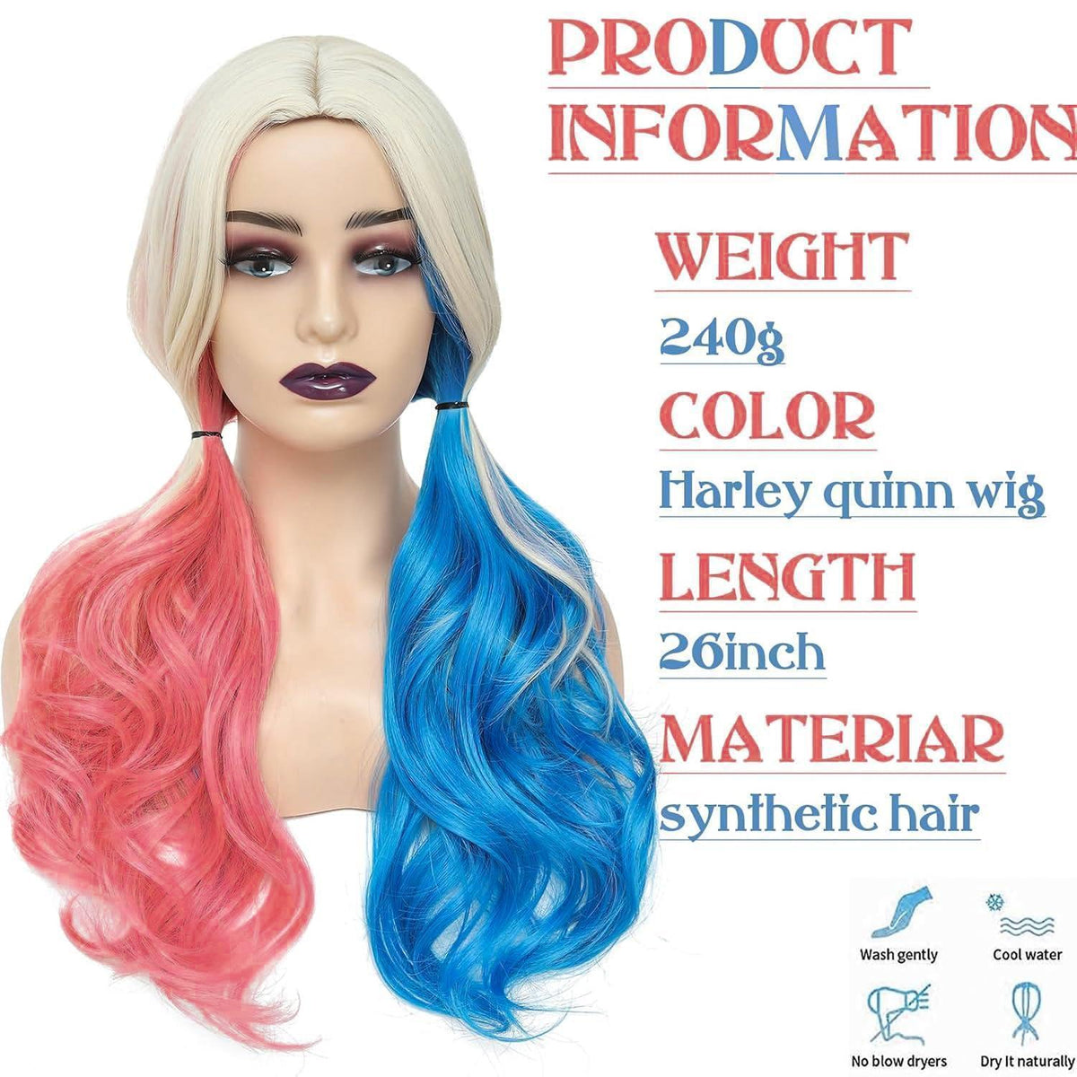 Damen Harley Quinn Perücke Blond Blau Rosa Lockig Lang