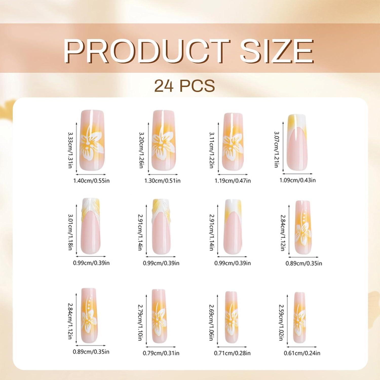 Lange Gelbe French Tip Acrylnägel 24 Stück Blumen Maniküre