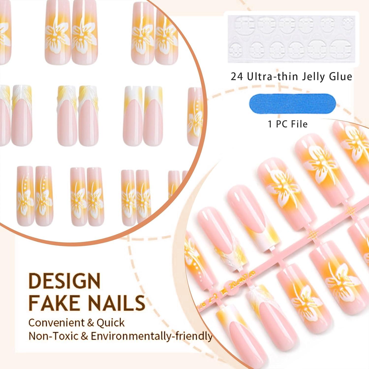 Press on Nägel Lange Quadratische Falsche Nägel Gelb French Tip 3D