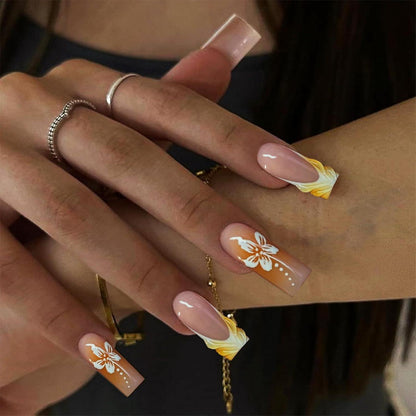 24 Stück Gelbe French Tip Lange Quadratische Falsche Nägel 3D