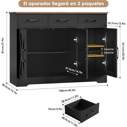 Sideboard Küchenschrank mit 3 Schubladen & 3 Türen – Antik Braun/Schwarz