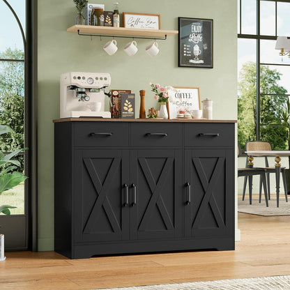 Sideboard Küchenschrank mit 3 Schubladen & 3 Türen – Antik Braun/Schwarz