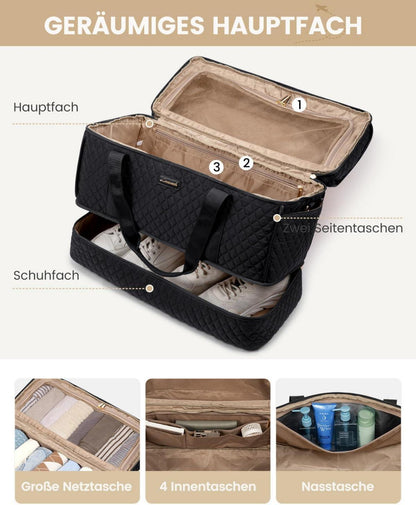 Reisetasche Damen mit Schuhfach, Große Öffnung Schwarz