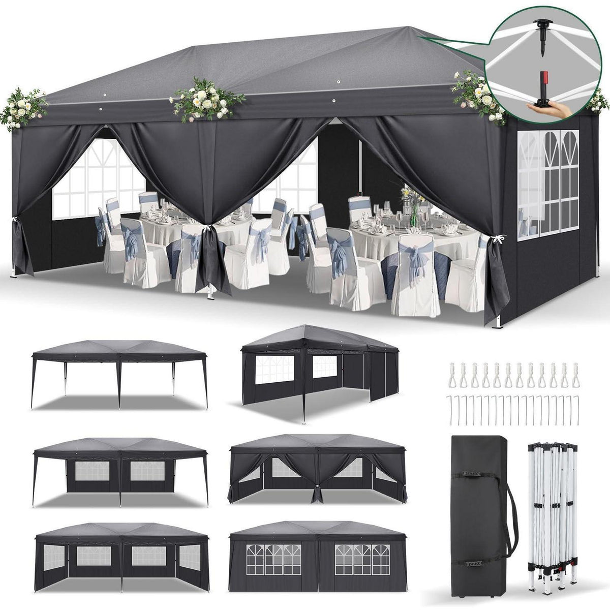 3x6m Faltpavillon mit Ein-Klick-Verriegelung & Seitenteilen