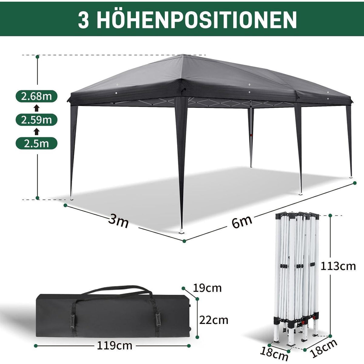 3x6m Faltpavillon mit Ein-Klick-Verriegelung & Seitenteilen