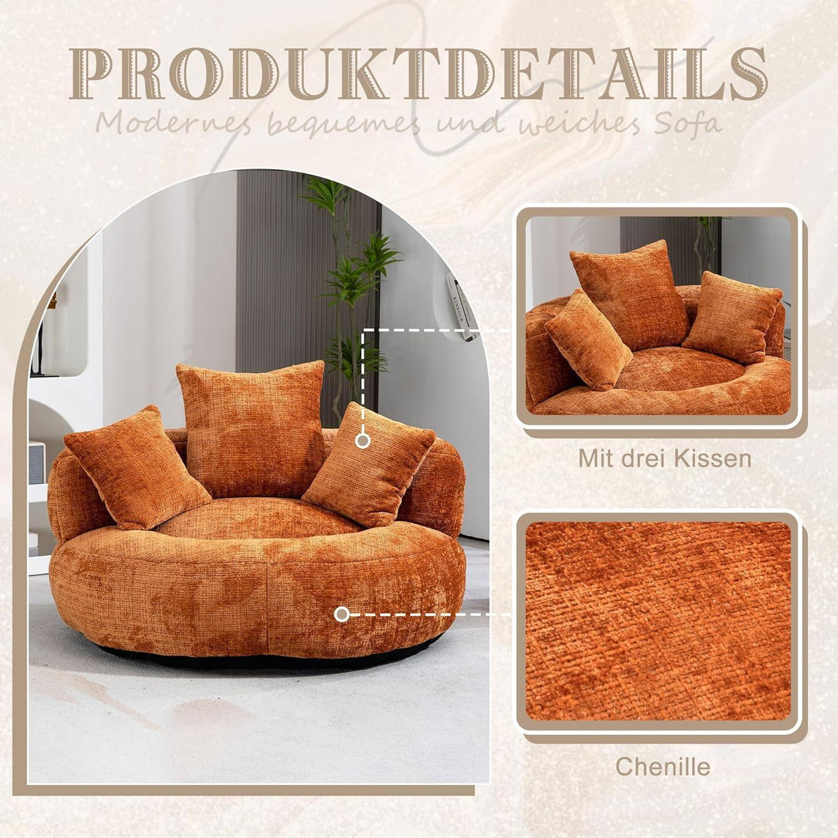 Lazy Sitzsack mit hohem Rücken & 3 Kissen – Orange