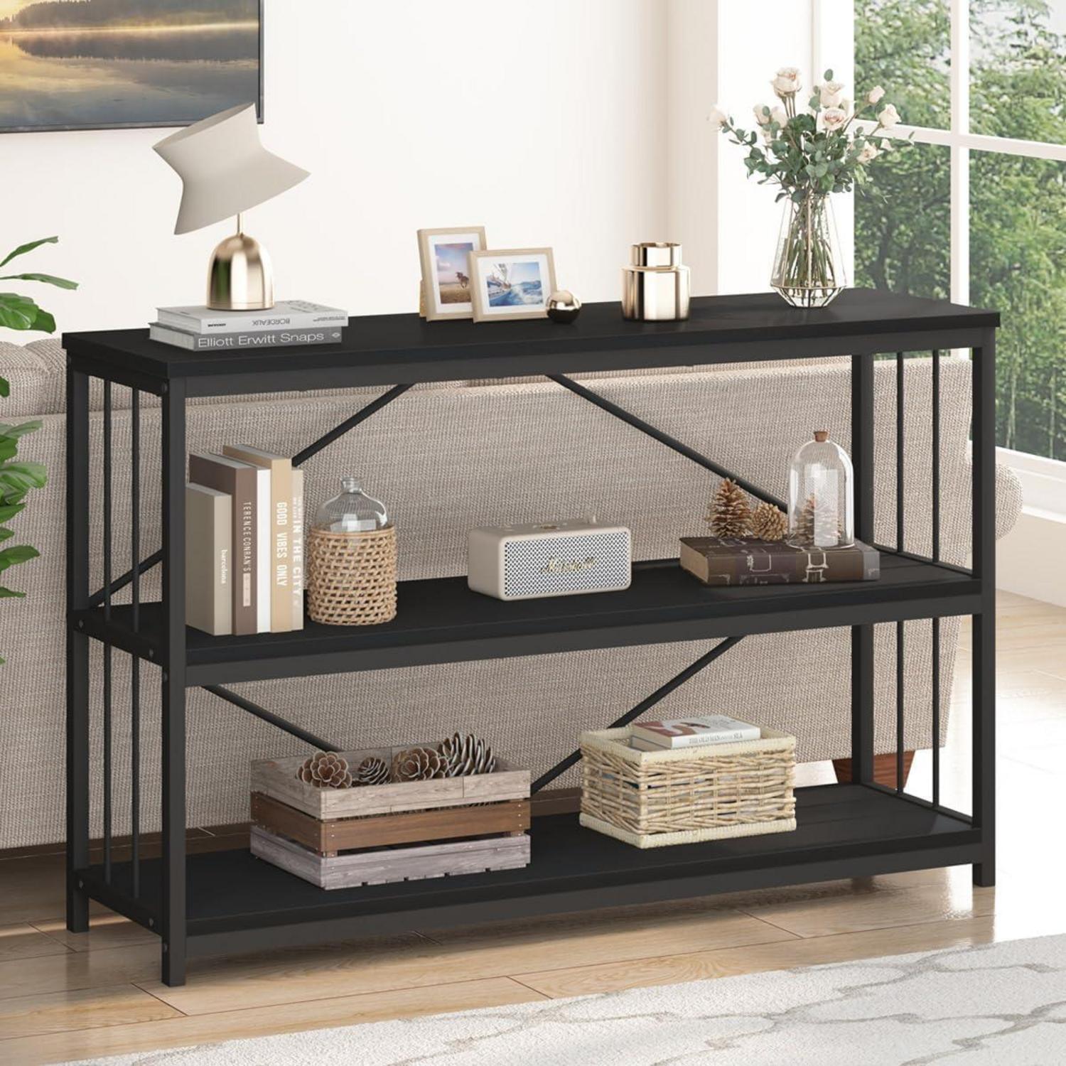 Konsolentisch Holz Schwarz Industrielles Design 3 Ebenen Bücherregal