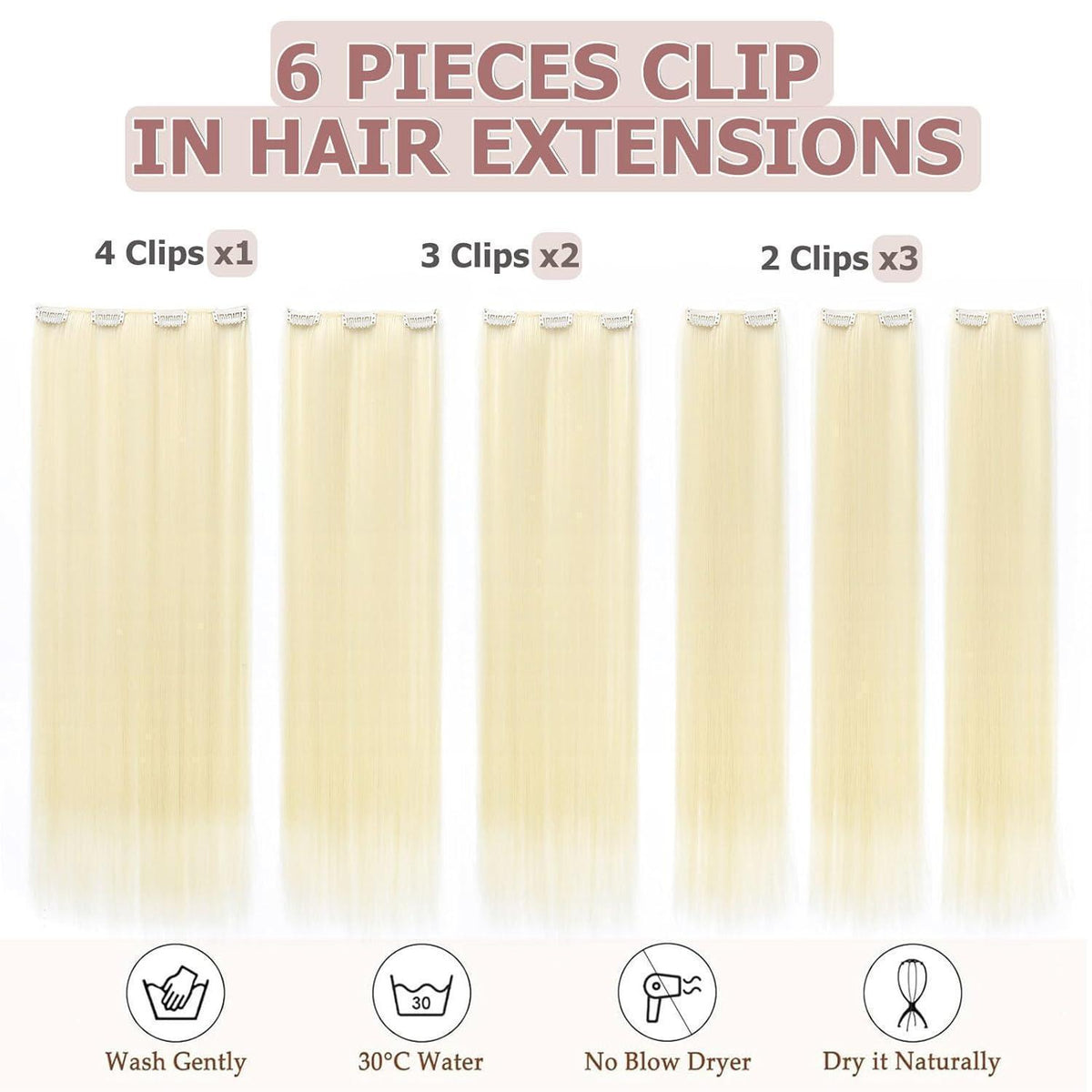 Platinblond Haarverlängerung Clip-in 65cm – Synthetisch & Wiederverwendbar