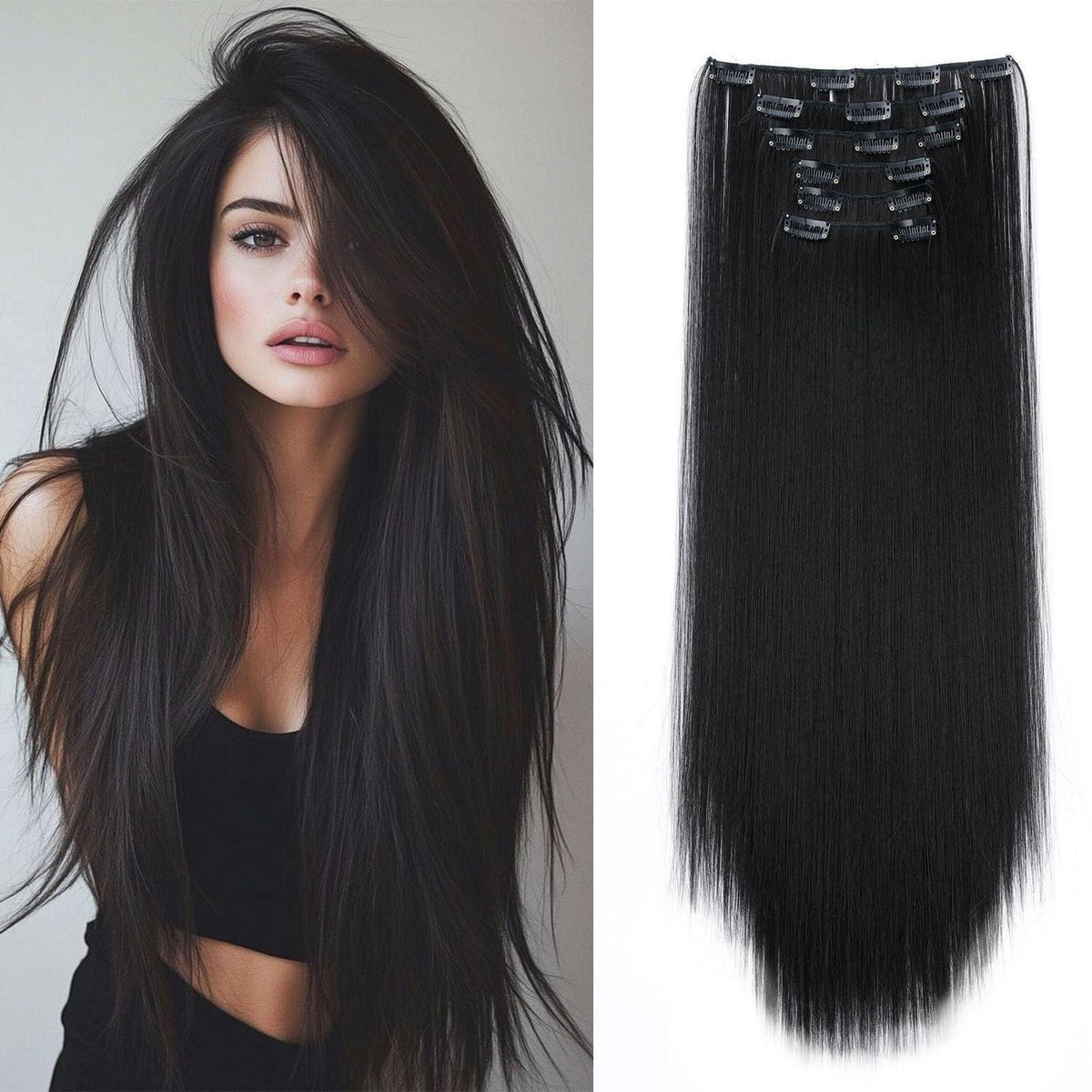 Haarverlängerung glatt, 65cm, Naturschwarz – 6 Teile