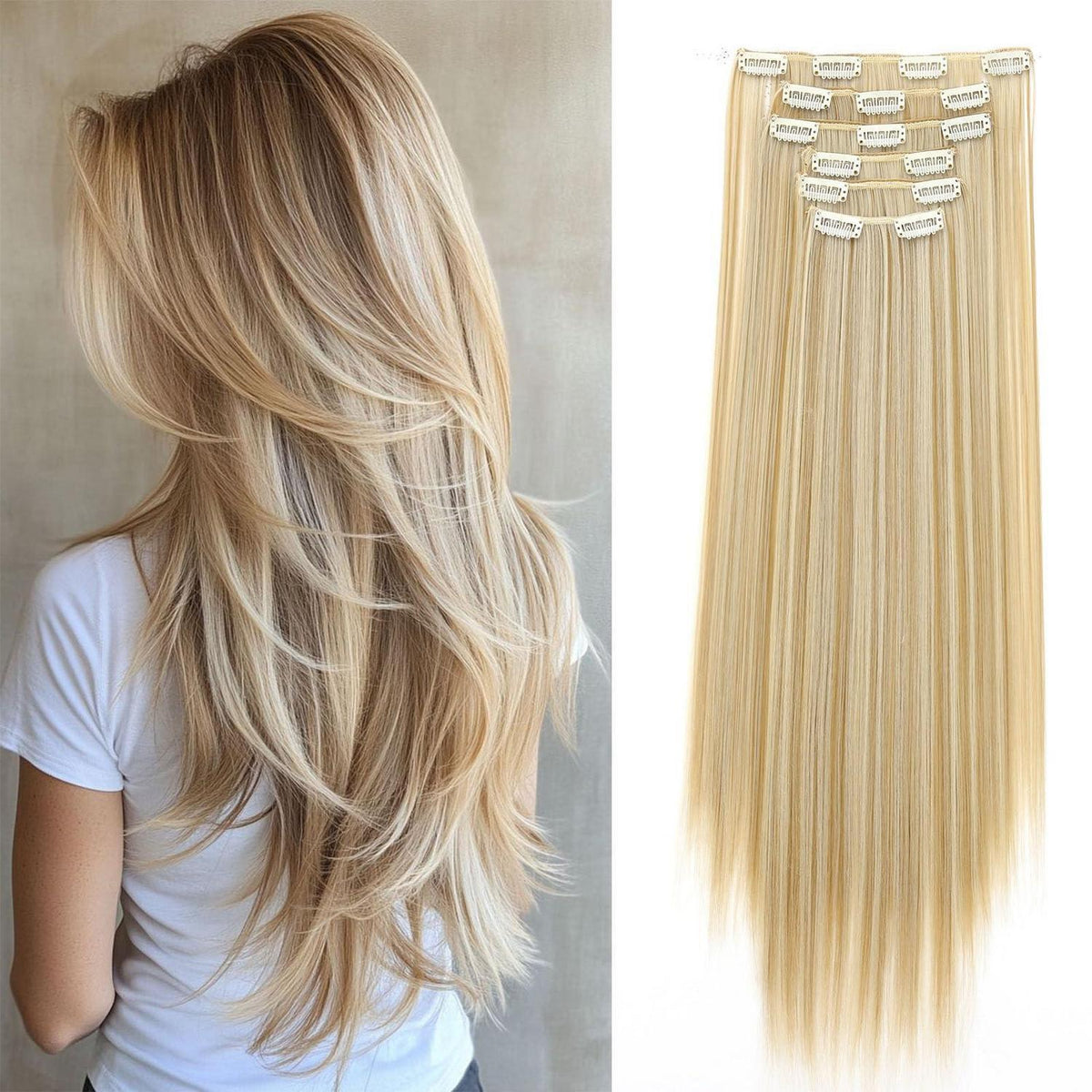 Haarverlängerung Clip-in glatt, 65cm Naturblond & Bleichblond