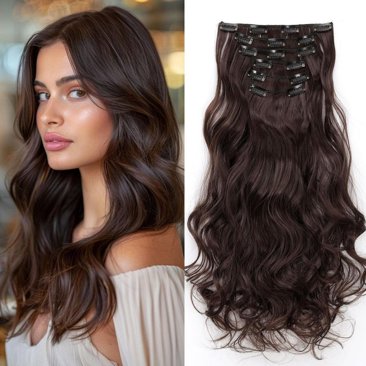 48cm gewellte Haarverlängerung Clip-in, mittelbraun