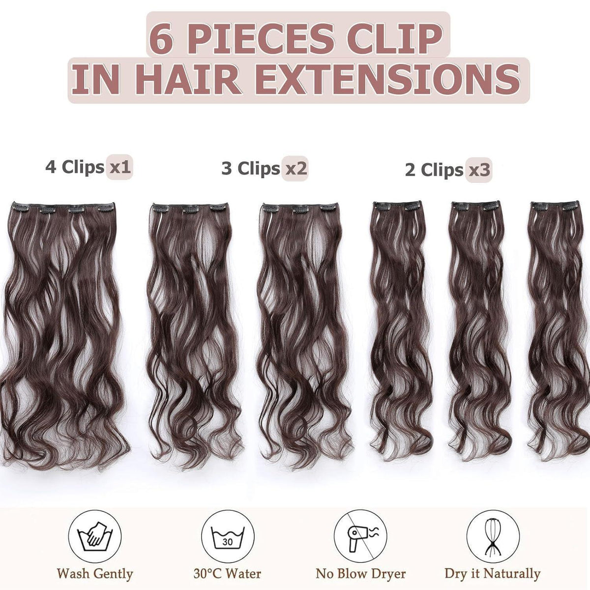 48cm gewellte Haarverlängerung Clip-in, mittelbraun