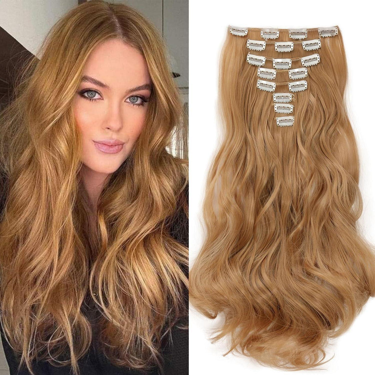 Dunkelblondes Haarverlängerung mit 8 Clips – Wellig & 45cm