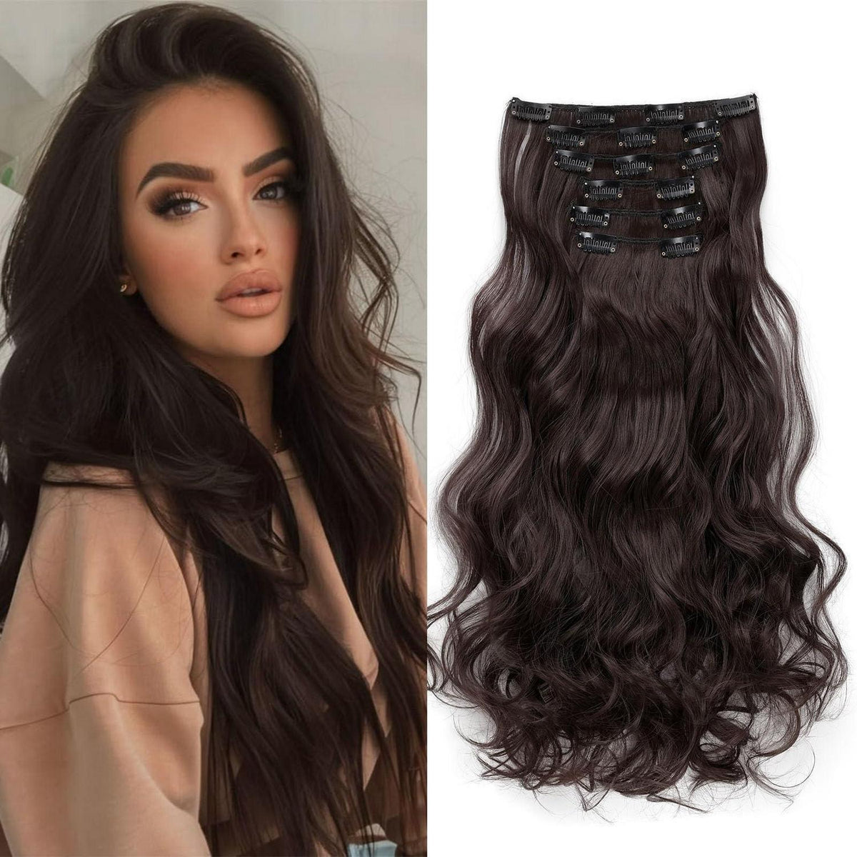 48cm gewellte Haarverlängerung dunkelbraun – 6-teilig Clip-In