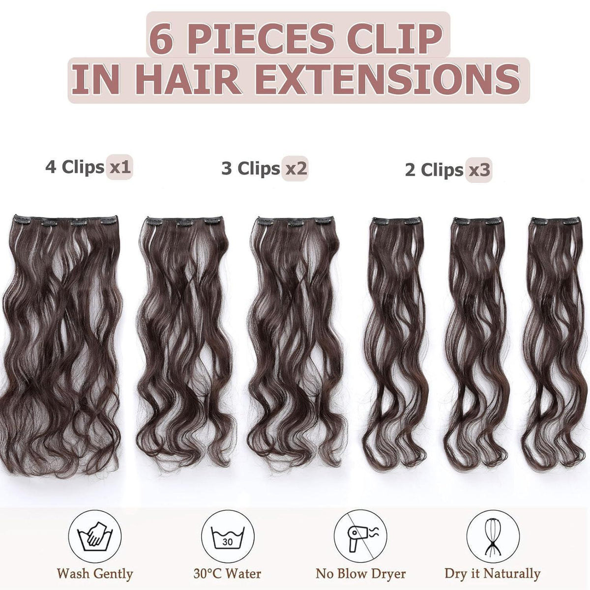 48cm gewellte Haarverlängerung dunkelbraun – 6-teilig Clip-In