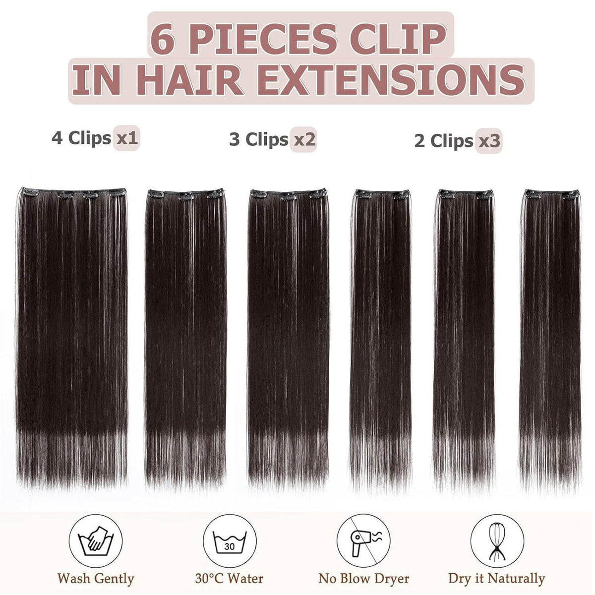 Haarverlängerung Clip-in glatt, 65cm, Maronenbraun