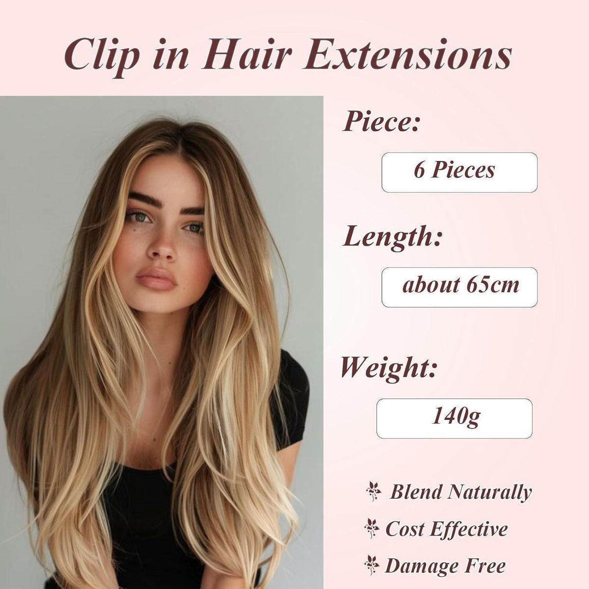 Haarverlängerung Clip-in glatt, 65cm, Maronenbraun