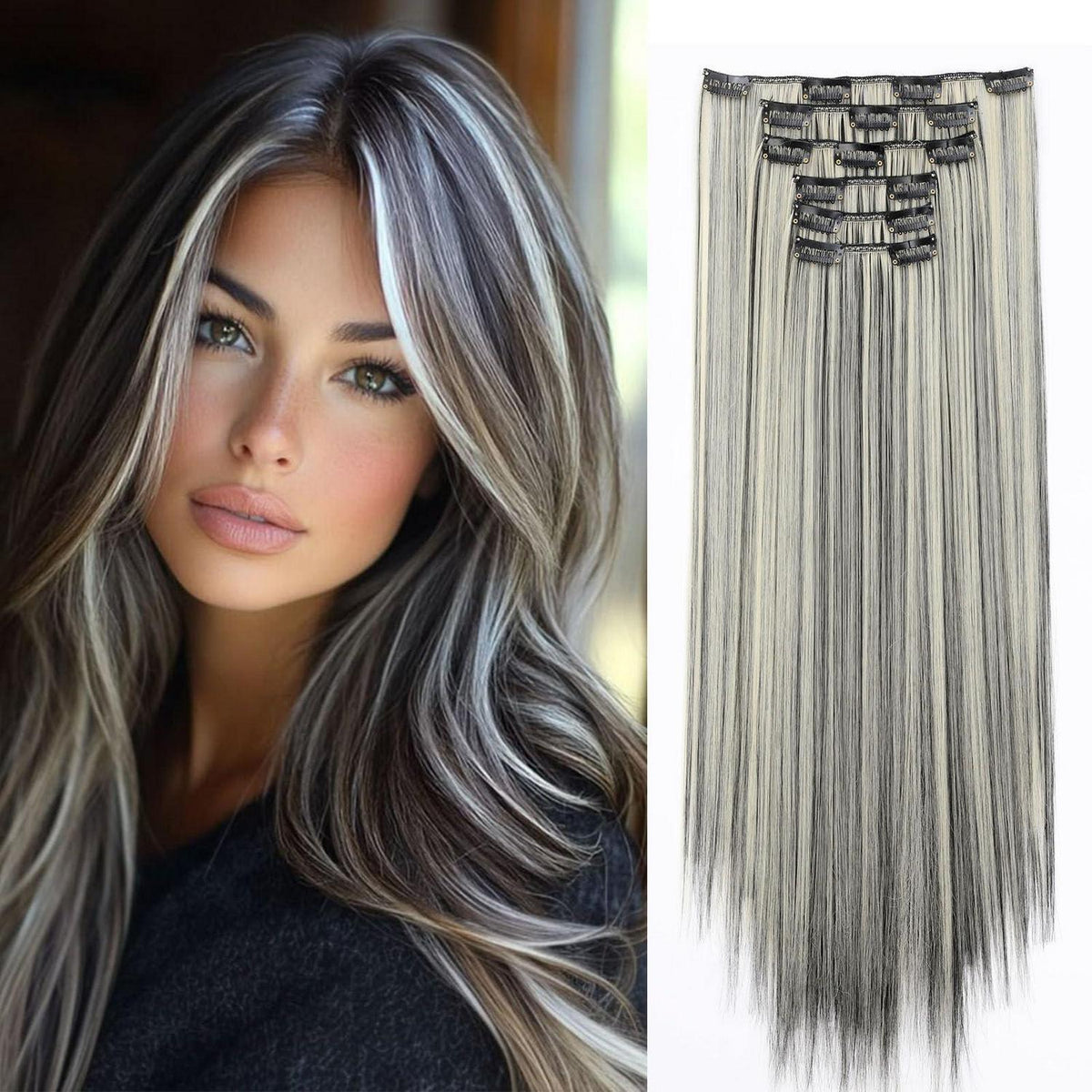 Haarverlängerung Clip-in glatt 65cm – Schwarz & Blond