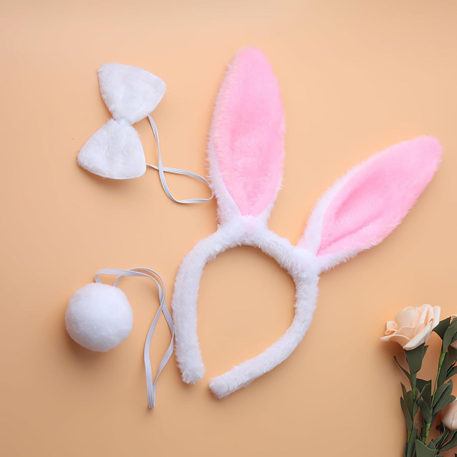 Hasenohren Haarreif Kostüm Set Plüsch Ohren Stirnband Bunny Ohranzieh Accessoires