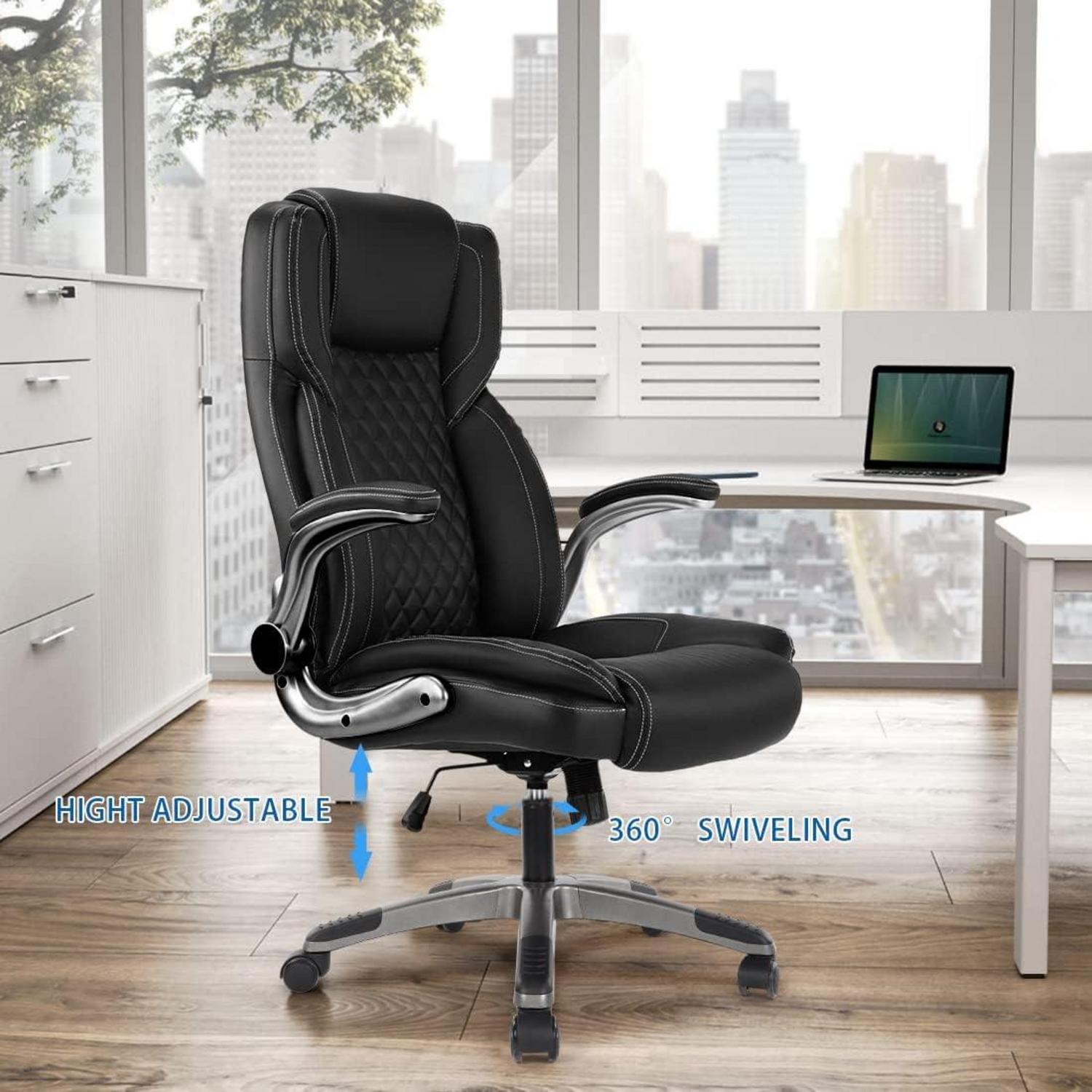 KCREAM Bürostuhl Schwarz Ergonomischer Chefsessel 180kg Belastbarkeit Leder