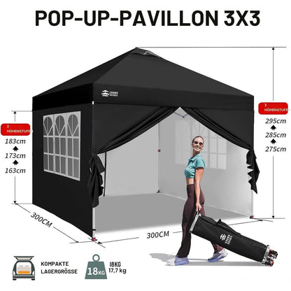3x3m Faltpavillon wasserdicht mit Seitenwänden & UV-Schutz