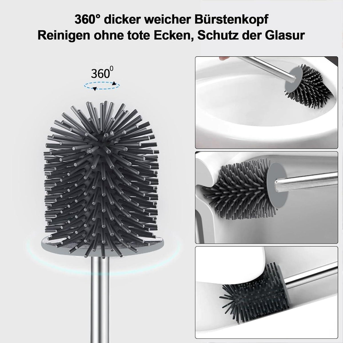 Silikon Klobürste 2er-Set mit Halter, Wandmontage & Stehen, Grau