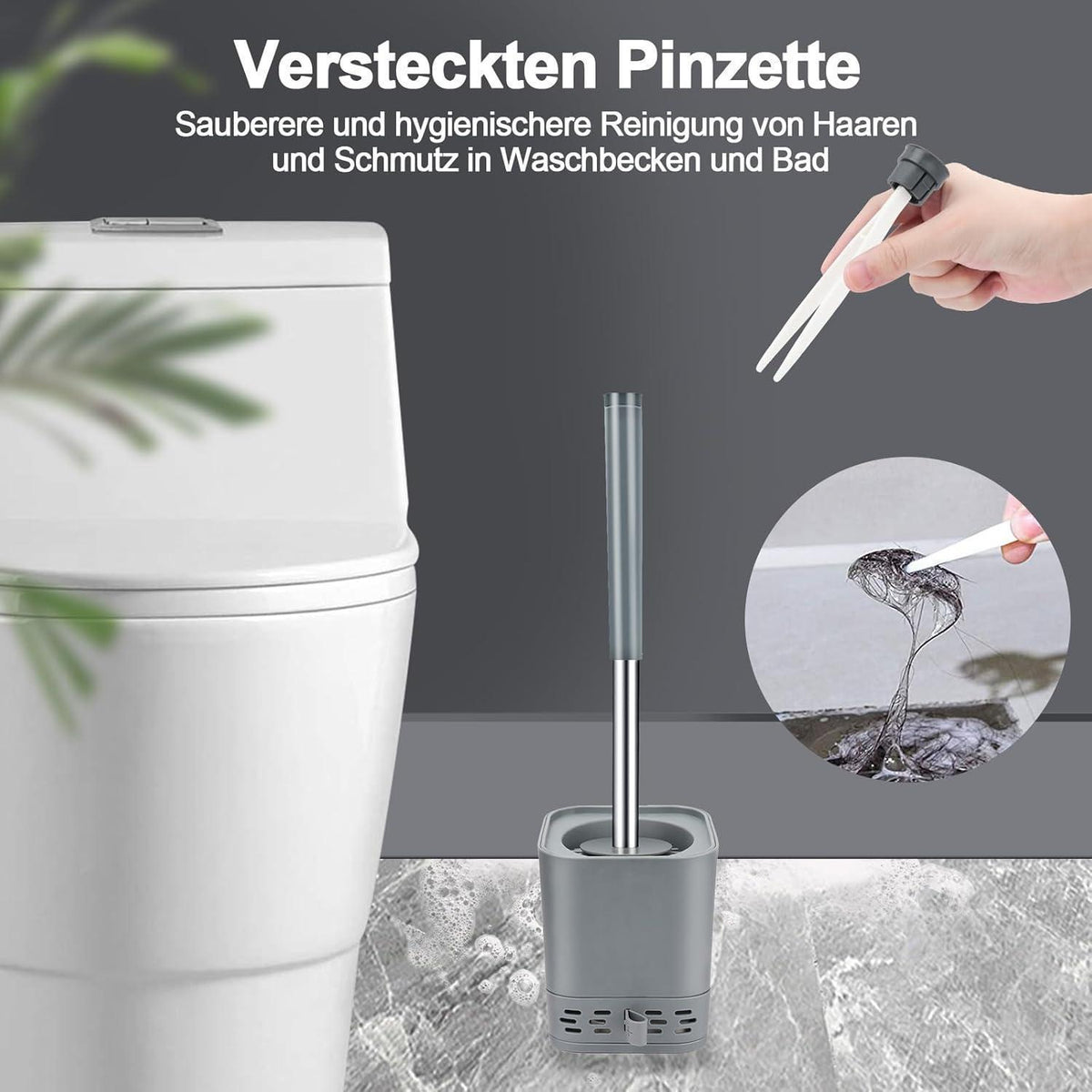 Silikon Klobürste 2er-Set mit Halter, Wandmontage & Stehen, Grau