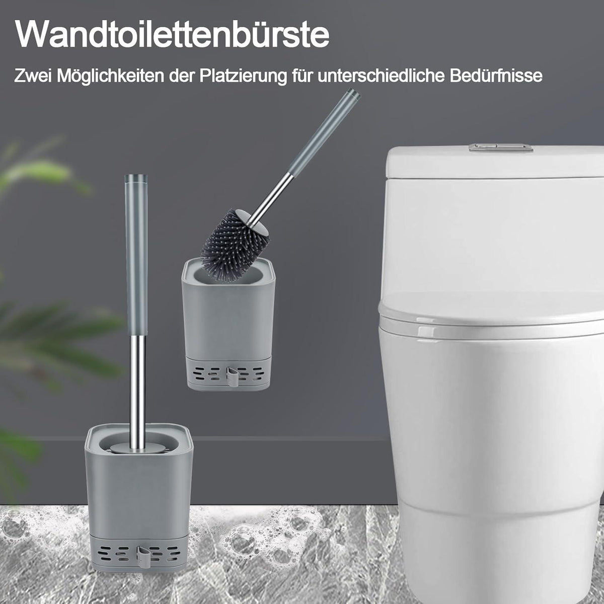 Silikon Klobürste 2er-Set mit Halter, Wandmontage & Stehen, Grau