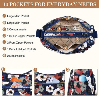 VOBUKE Umhängetasche Damen Mittelgroß Wasserdicht Nylon Crossbody Bag Vielen Fächern Leichte Schultertasche Verstellbarer Breitem Kleine Messenger Bag