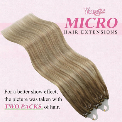 Echthaar Micro Ring Extensions Ombre Hellbraun Platinblond 55cm