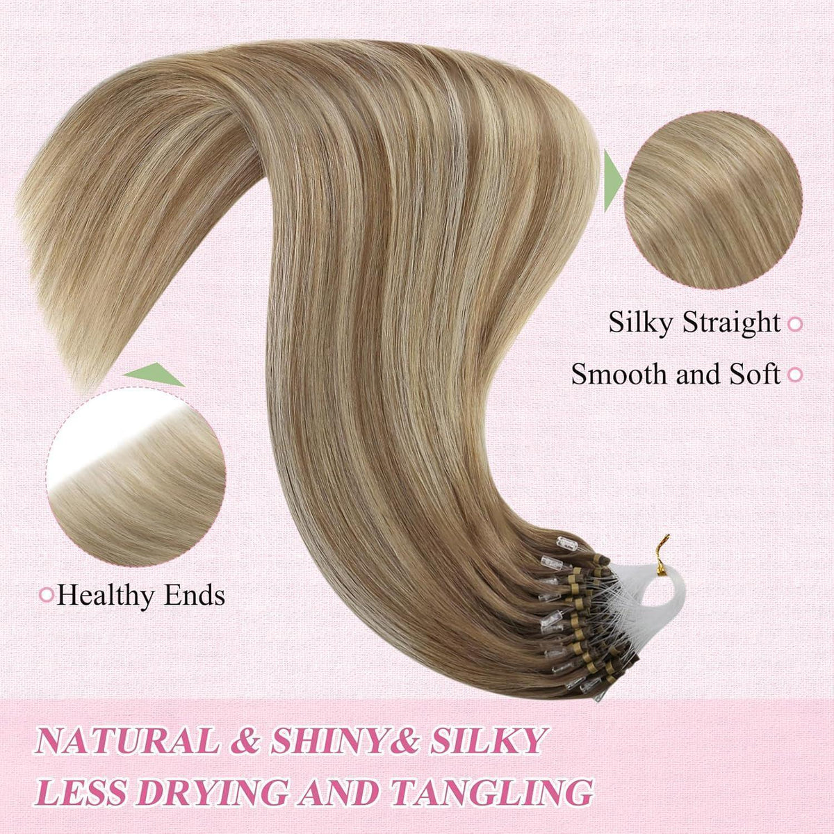 Echthaar Micro Ring Extensions Ombre Hellbraun Platinblond 55cm